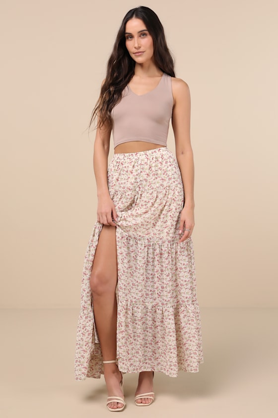 Lulus Subtle Sweetness Cream Floral Print Tiered Maxi Skirt In White