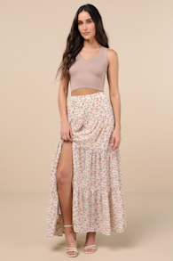 Subtle Sweetness Cream Floral Print Tiered Maxi Skirt 1