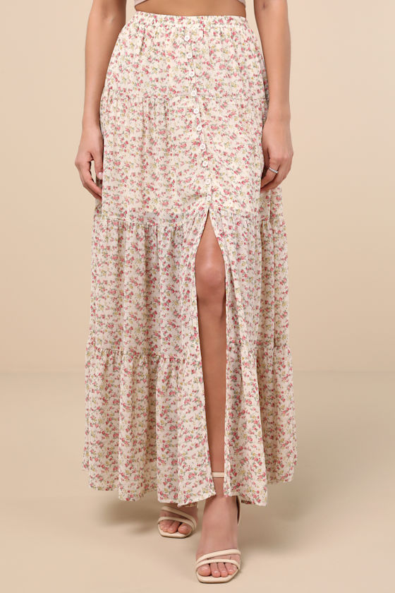 Lulus Subtle Sweetness Cream Floral Print Tiered Maxi Skirt In White