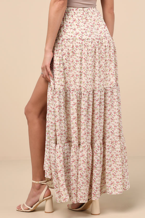 Lulus Subtle Sweetness Cream Floral Print Tiered Maxi Skirt In White
