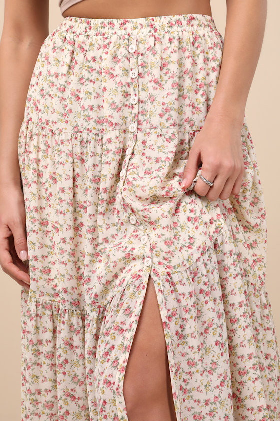 Lulus Subtle Sweetness Cream Floral Print Tiered Maxi Skirt In White