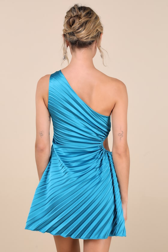 Lulus Constantly Poised Teal Satin Pleated One-shoulder Mini Dress In Teal