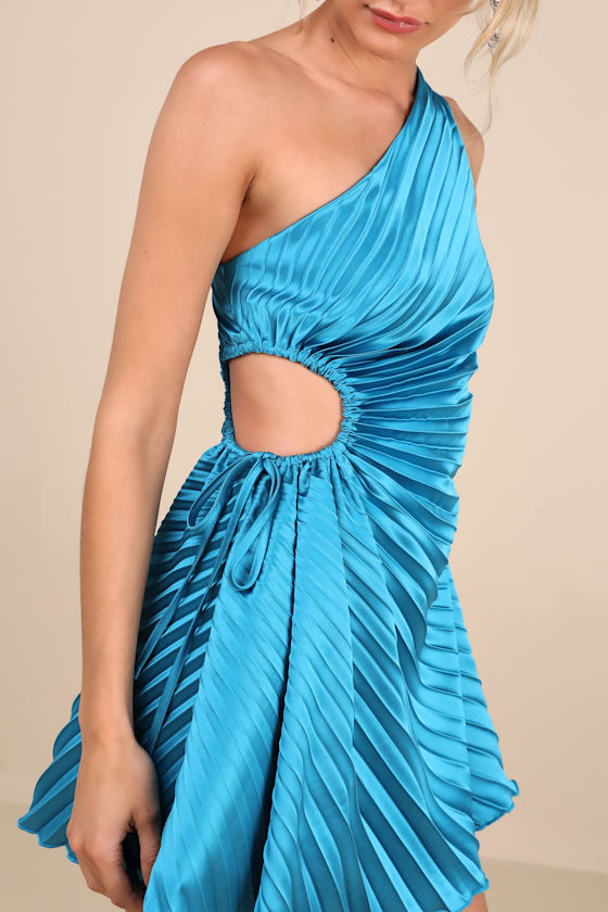 Lulus Constantly Poised Teal Satin Pleated One-shoulder Mini Dress In Teal