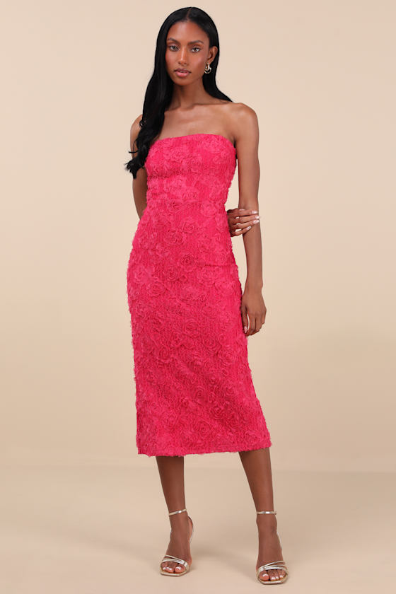 LULUS FLAWLESS PERFECTION FUCHSIA FLORAL APPLIQUE STRAPLESS MIDI DRESS 