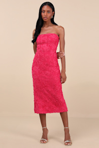 Flawless Perfection Fuchsia Floral Applique Strapless Midi Dress 4