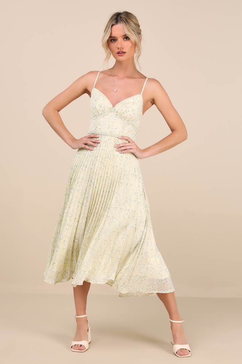 Darling Favorite Yellow Floral Sleeveless Pleated Midi Dress