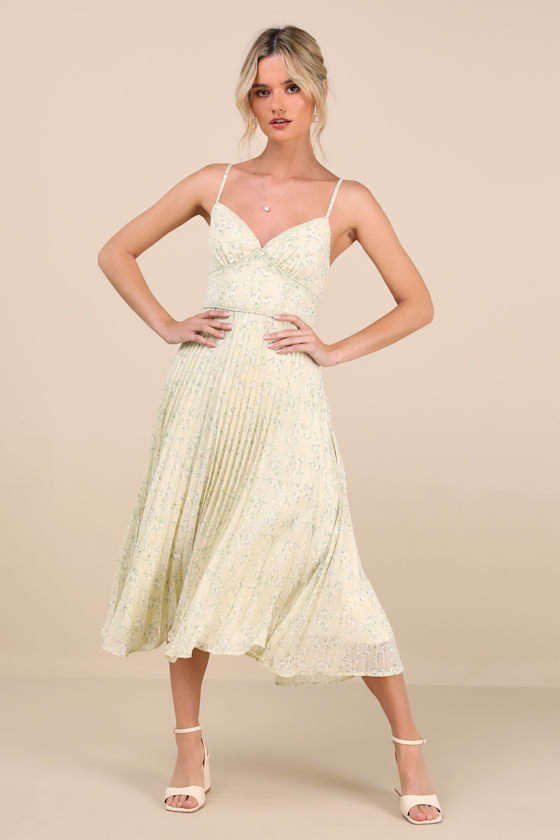 Darling Favorite Yellow Floral Sleeveless Pleated Midi Dress