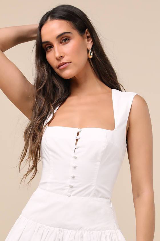 LULUS EVYNNE WHITE POPLIN CAP SLEEVE BUTTON-FRONT TOP 