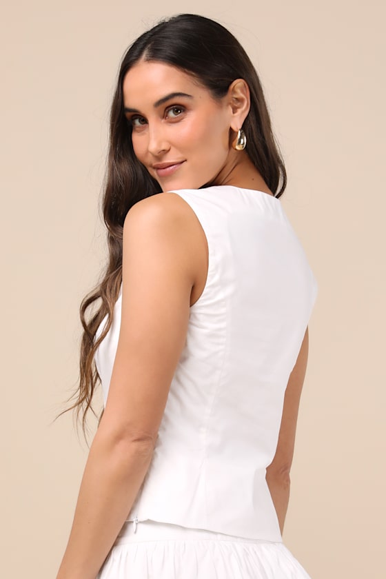 LULUS EVYNNE WHITE POPLIN CAP SLEEVE BUTTON-FRONT TOP 