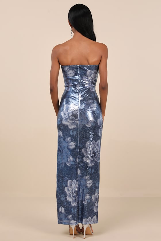 Lulus Glowing Wonder Blue Floral Sequin Strapless Maxi Dress In Blue
