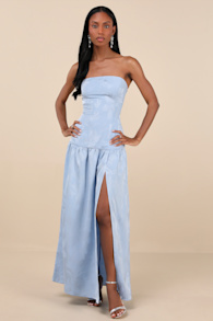 Gemmi Light Blue Satin Jacquard Drop Waist Maxi Dress 4