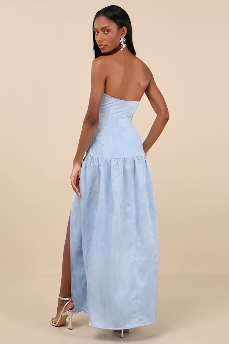 Glowing Wonder Blue Floral Sequin Strapless Maxi Dress