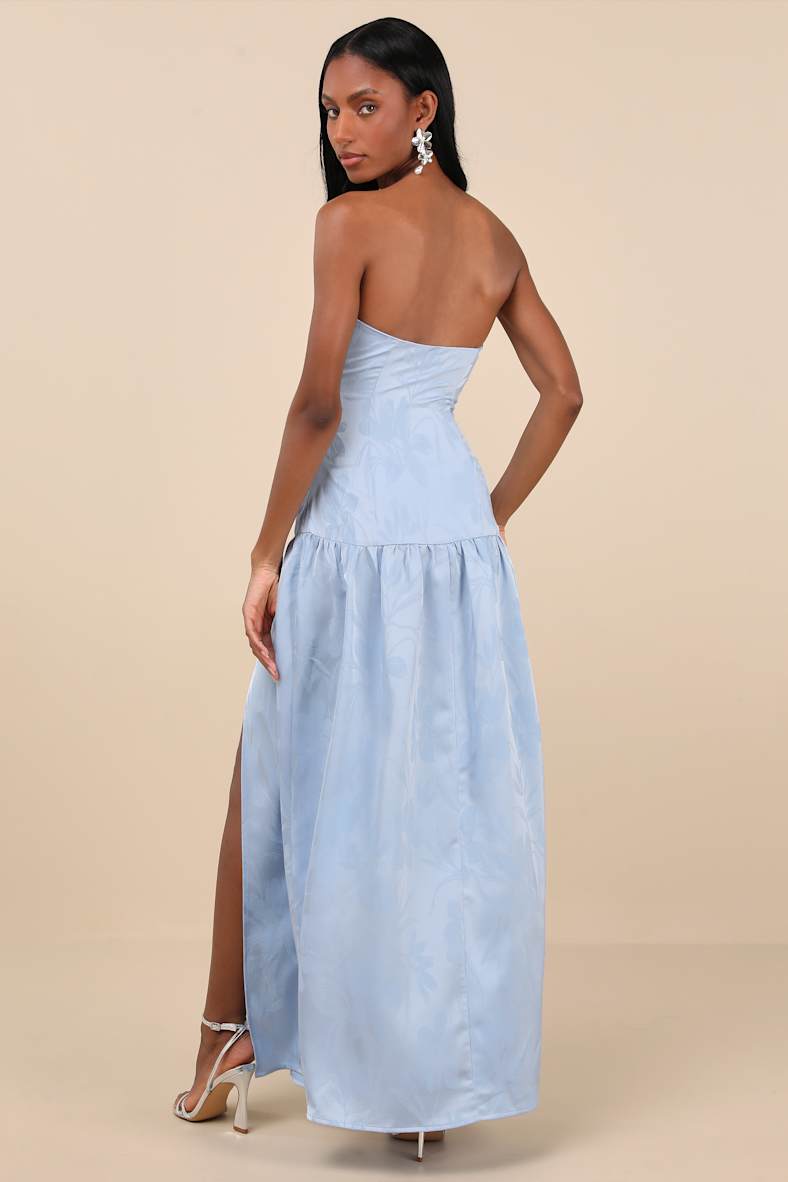 Glowing Wonder Blue Floral Sequin Strapless Maxi Dress