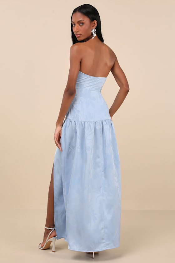 Gemmi Light Blue Satin Jacquard Drop Waist Maxi Dress 5