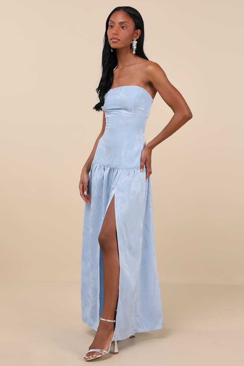 Glowing Wonder Blue Floral Sequin Strapless Maxi Dress