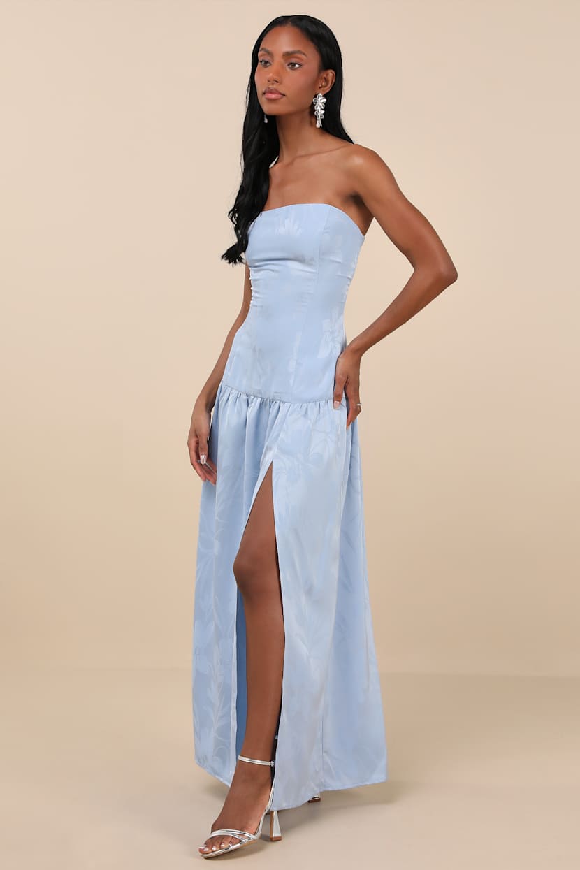 Light Blue Jacquard Dress - Strapless Dress - Drop Waist Dress