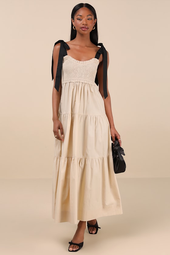 Lulus Bembe Beige Tie-strap Tiered Maxi Dress In Beige