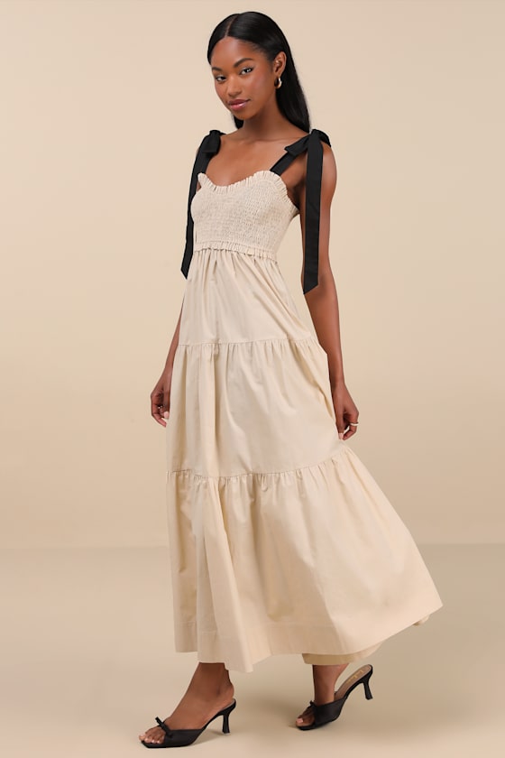 Lulus Bembe Beige Tie-strap Tiered Maxi Dress In Beige