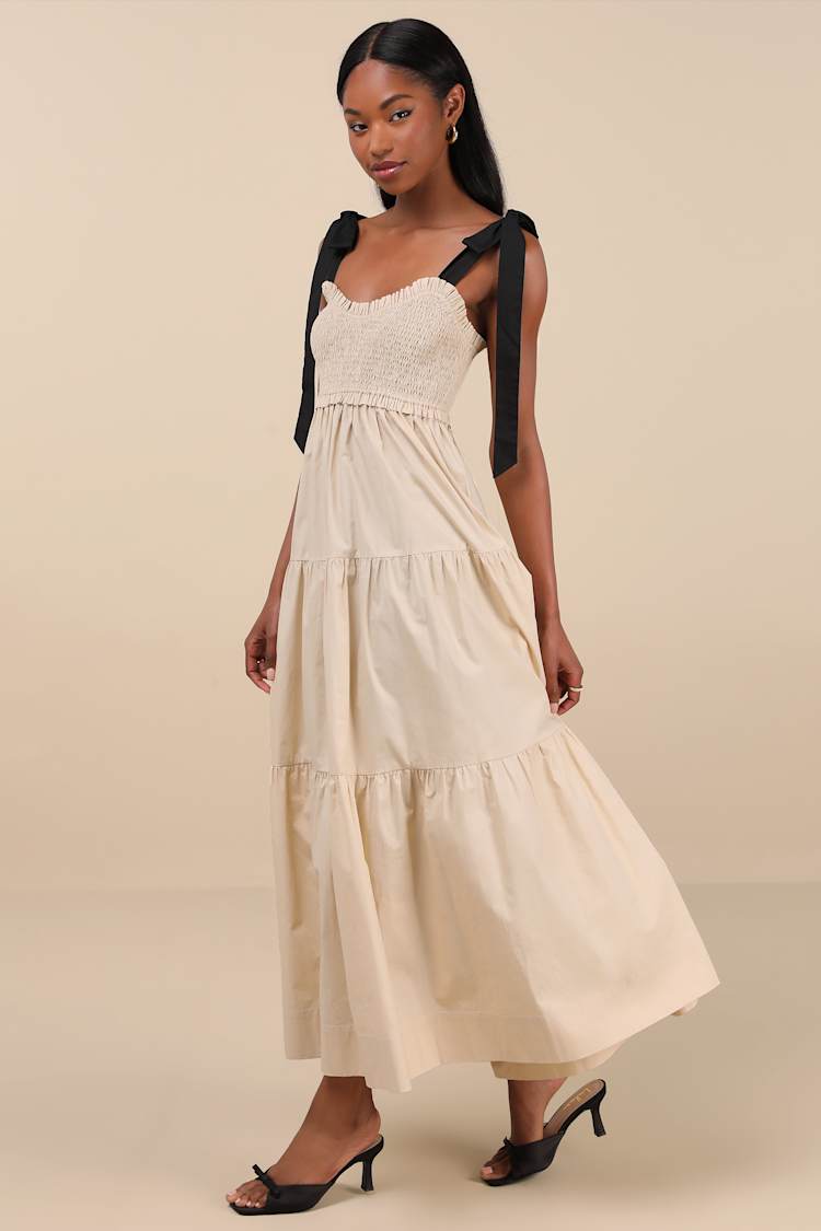 Bembe Beige Tie-Strap Tiered Maxi Dress
