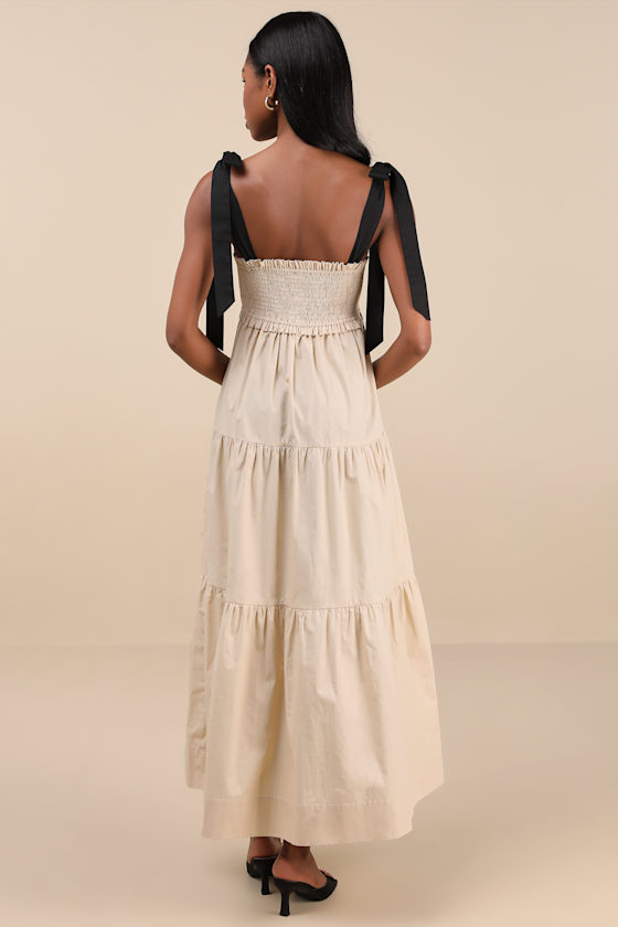 Lulus Bembe Beige Tie-strap Tiered Maxi Dress In Beige