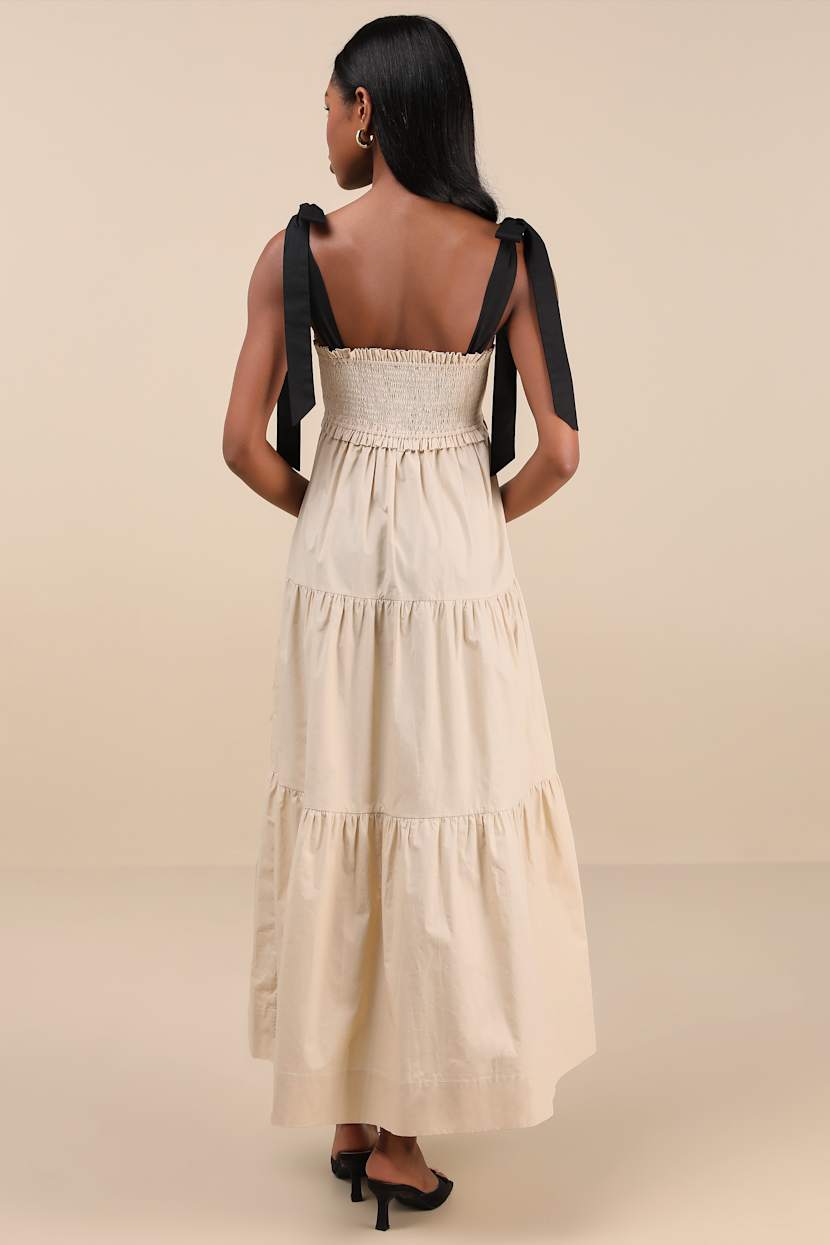 Bembe Beige Tie-Strap Tiered Maxi Dress
