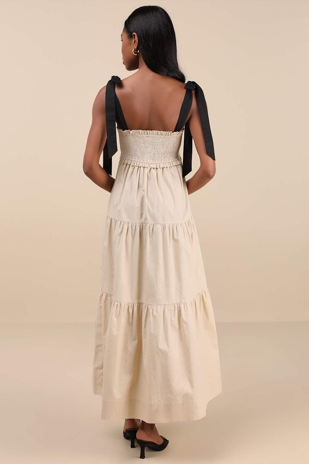 Bembe Beige Tie-Strap Tiered Maxi Dress