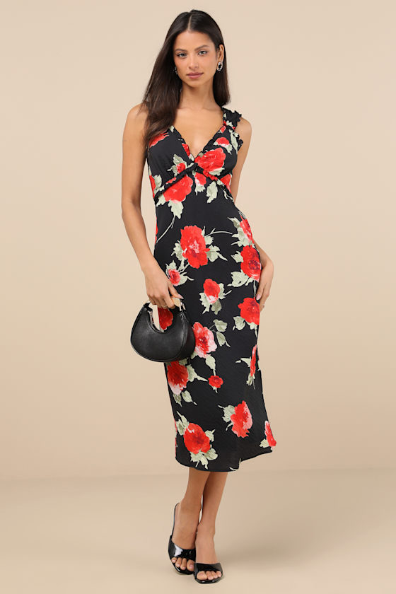 Shop Lulus Clarrie Black Floral Crinkle Satin Ruffled Midi Dress