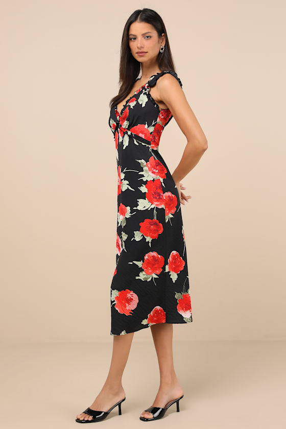 Shop Lulus Clarrie Black Floral Crinkle Satin Ruffled Midi Dress