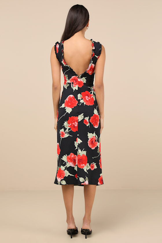 Shop Lulus Clarrie Black Floral Crinkle Satin Ruffled Midi Dress