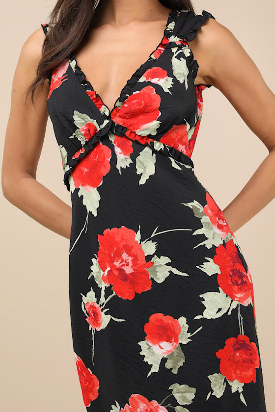 Shop Lulus Clarrie Black Floral Crinkle Satin Ruffled Midi Dress