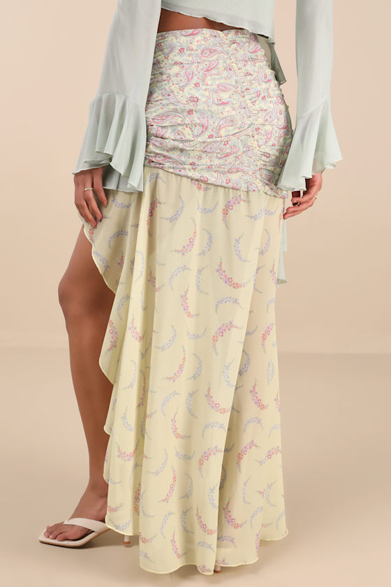 Lulus Eckhart Sage Green Paisley Print Ruched High-low Maxi Skirt In Sage Green