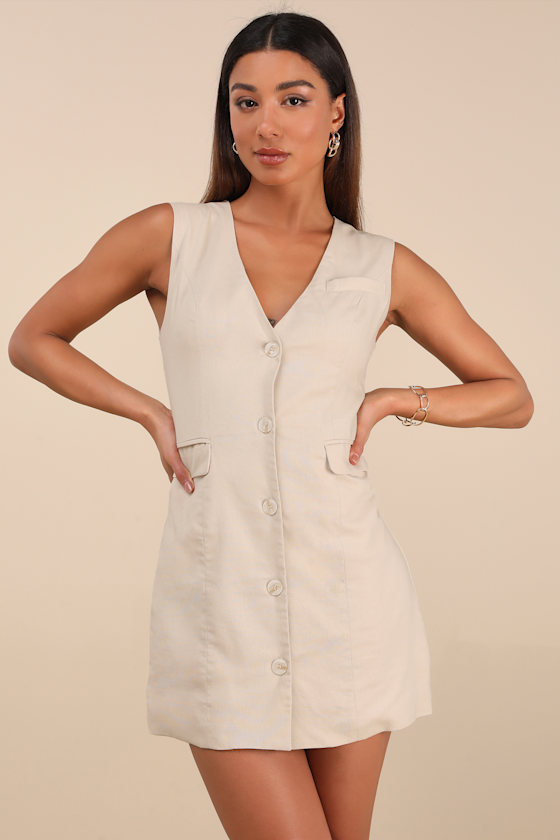 Lulus Mairi Beige Linen Button-front Sleeveless Mini Dress In Beige