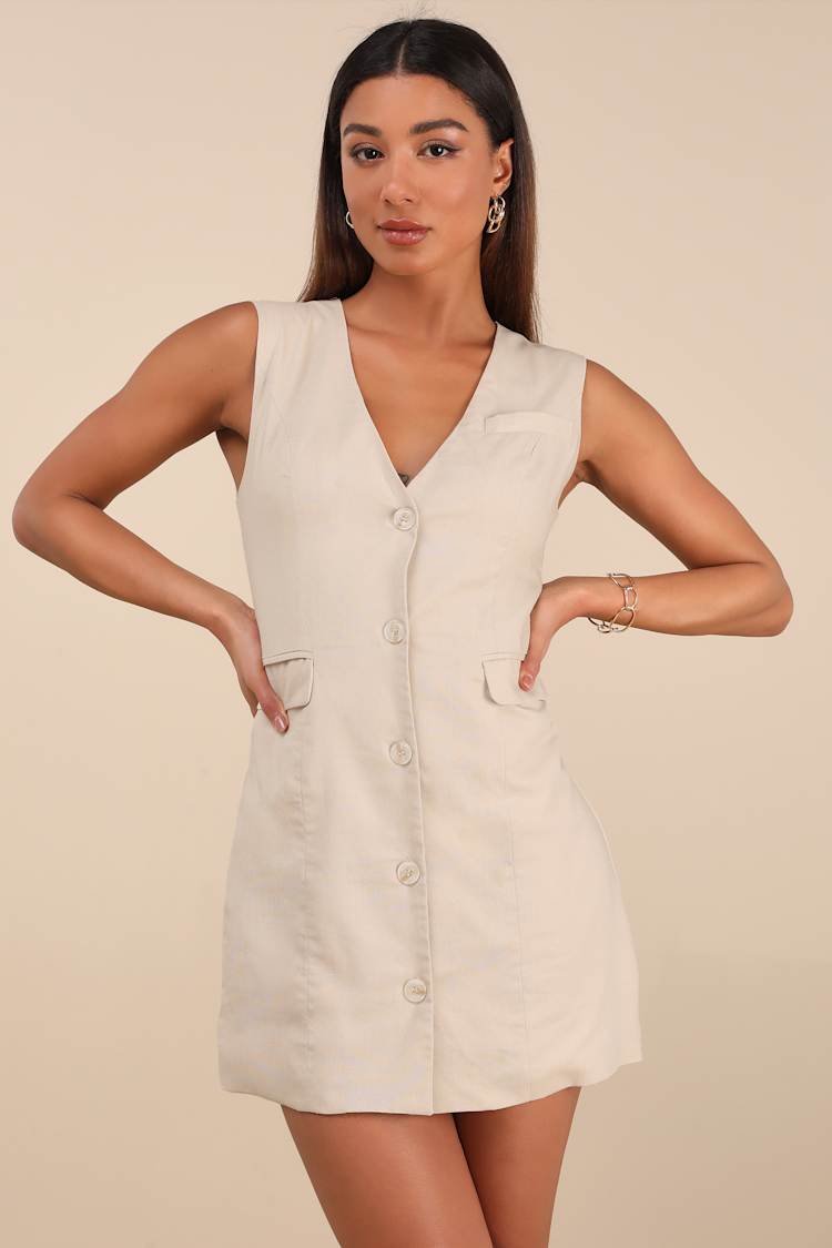 Mairi Beige Linen Button-Front Sleeveless Mini Dress