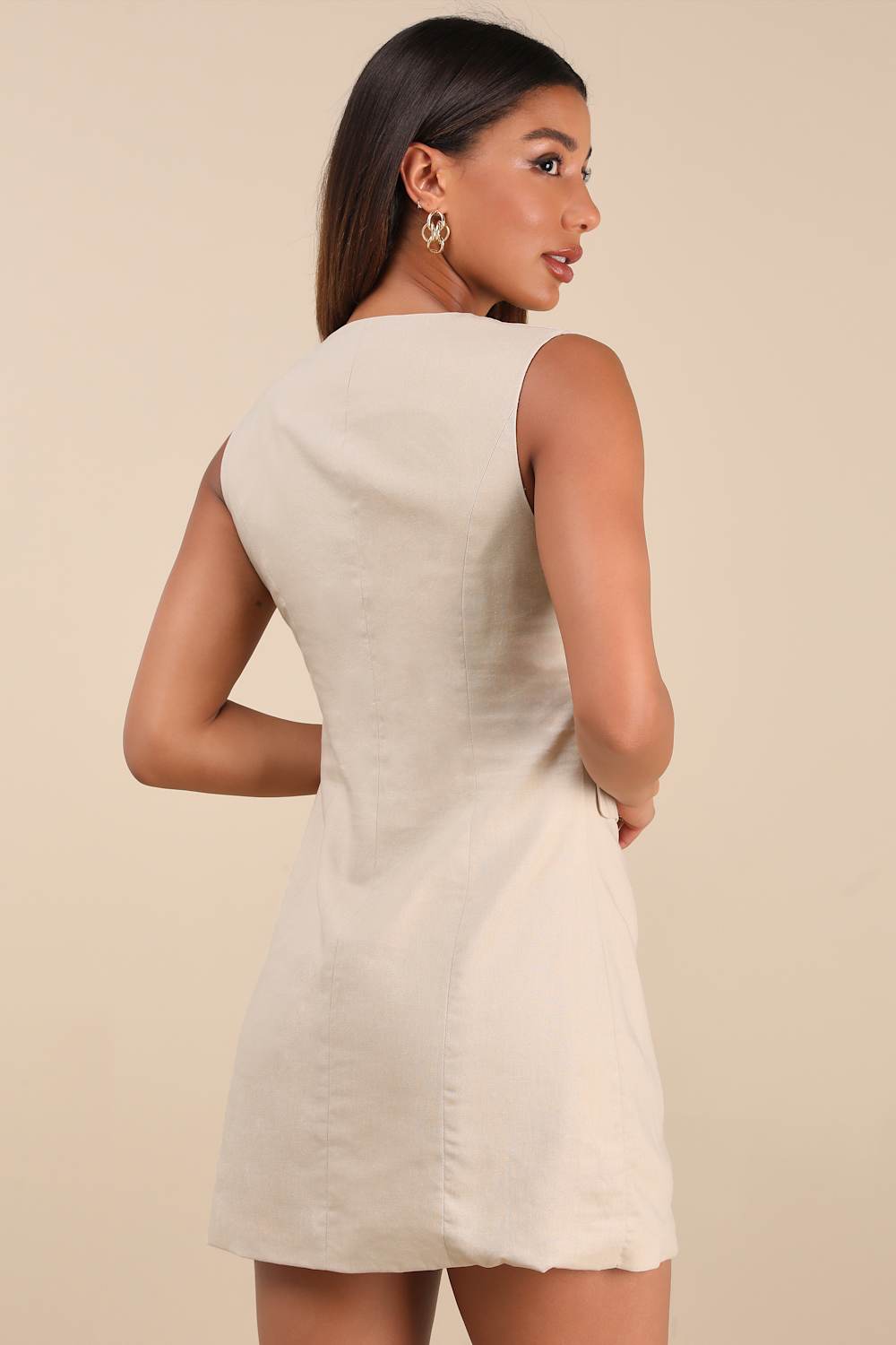 Mairi Beige Linen Button-Front Sleeveless Mini Dress