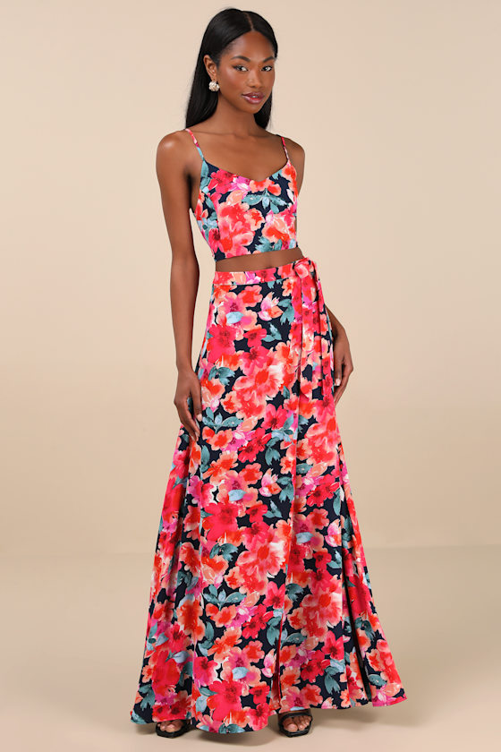 Lulus Bloom With A View Dark Blue Floral Print Two-piece Maxi Dress In Dark Blue