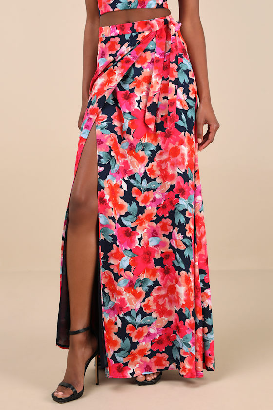 Lulus Bloom With A View Dark Blue Floral Print Two-piece Maxi Dress In Dark Blue