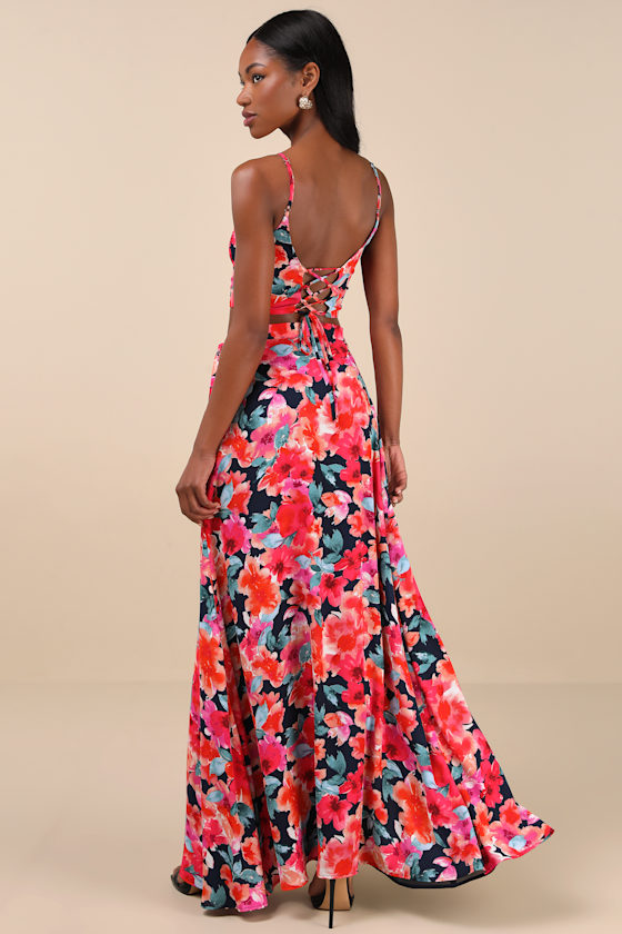 Lulus Bloom With A View Dark Blue Floral Print Two-piece Maxi Dress In Dark Blue