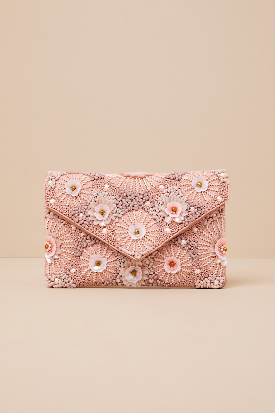 Lulus Floria Pink Beaded Floral Clutch In Pink