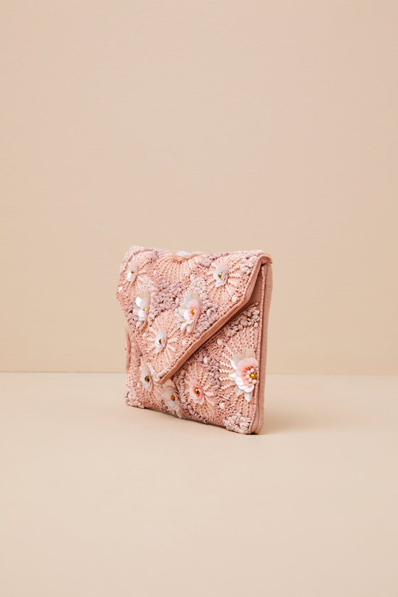 Lulus Floria Pink Beaded Floral Clutch In Pink