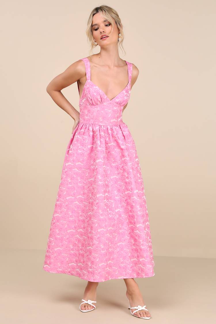 knee length dresses for ladies Light Pink Floral Embroidered Dupioni A Line Midi Dress main image 0