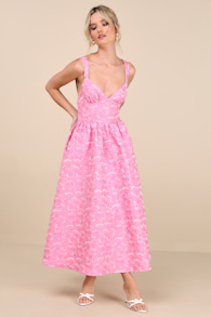 Rudra Pink Floral Jacquard A-Line Backless Midi Dress