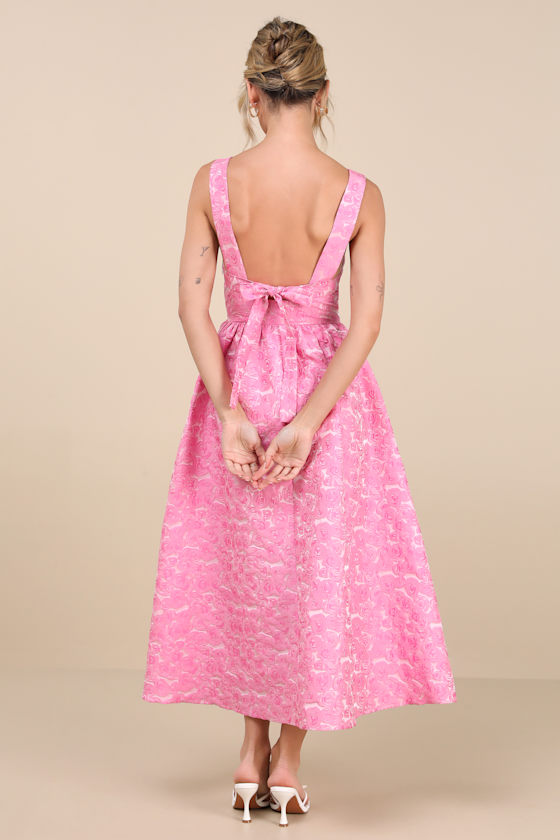 Lulus Rudra Pink Floral Jacquard A-line Backless Midi Dress In Pink