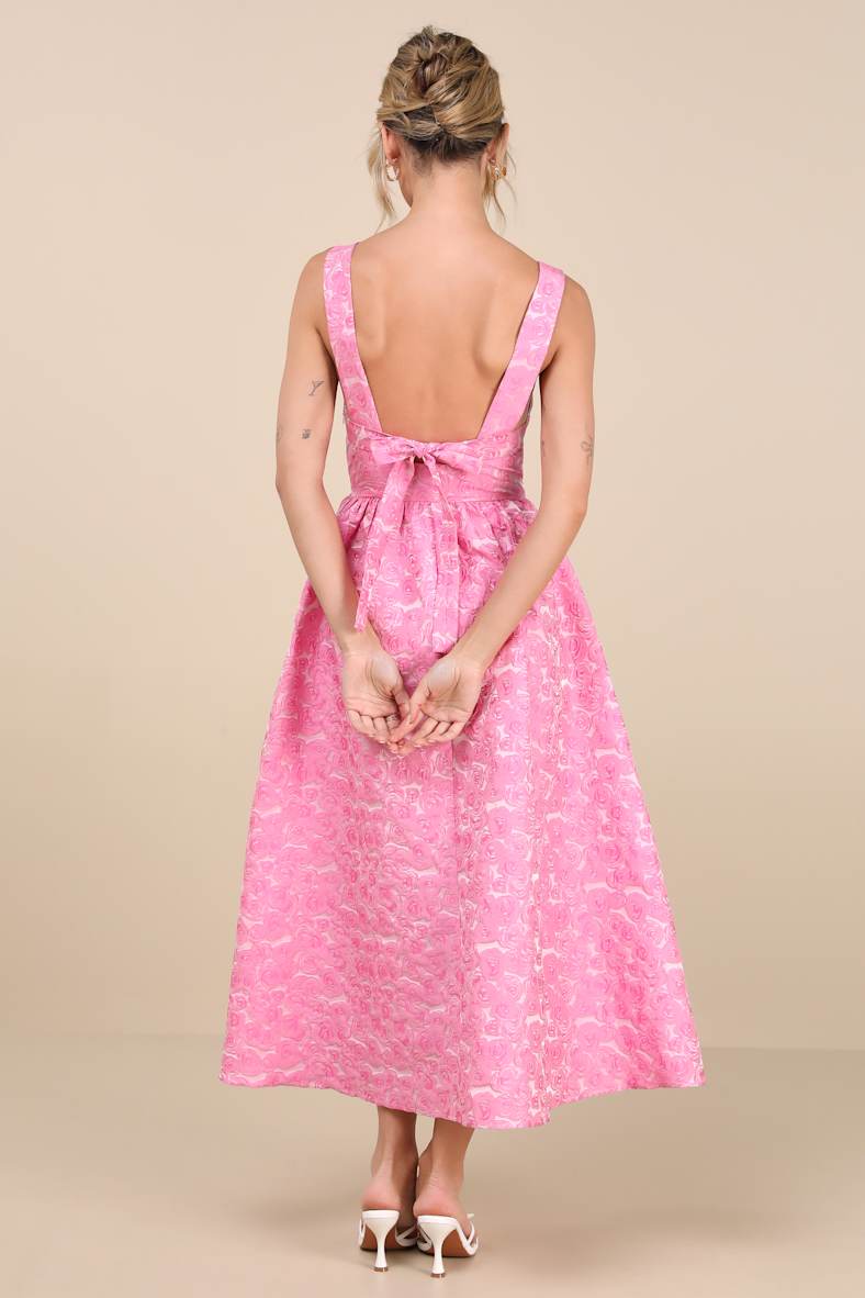 Rudra Pink Floral Jacquard A-Line Backless Midi Dress