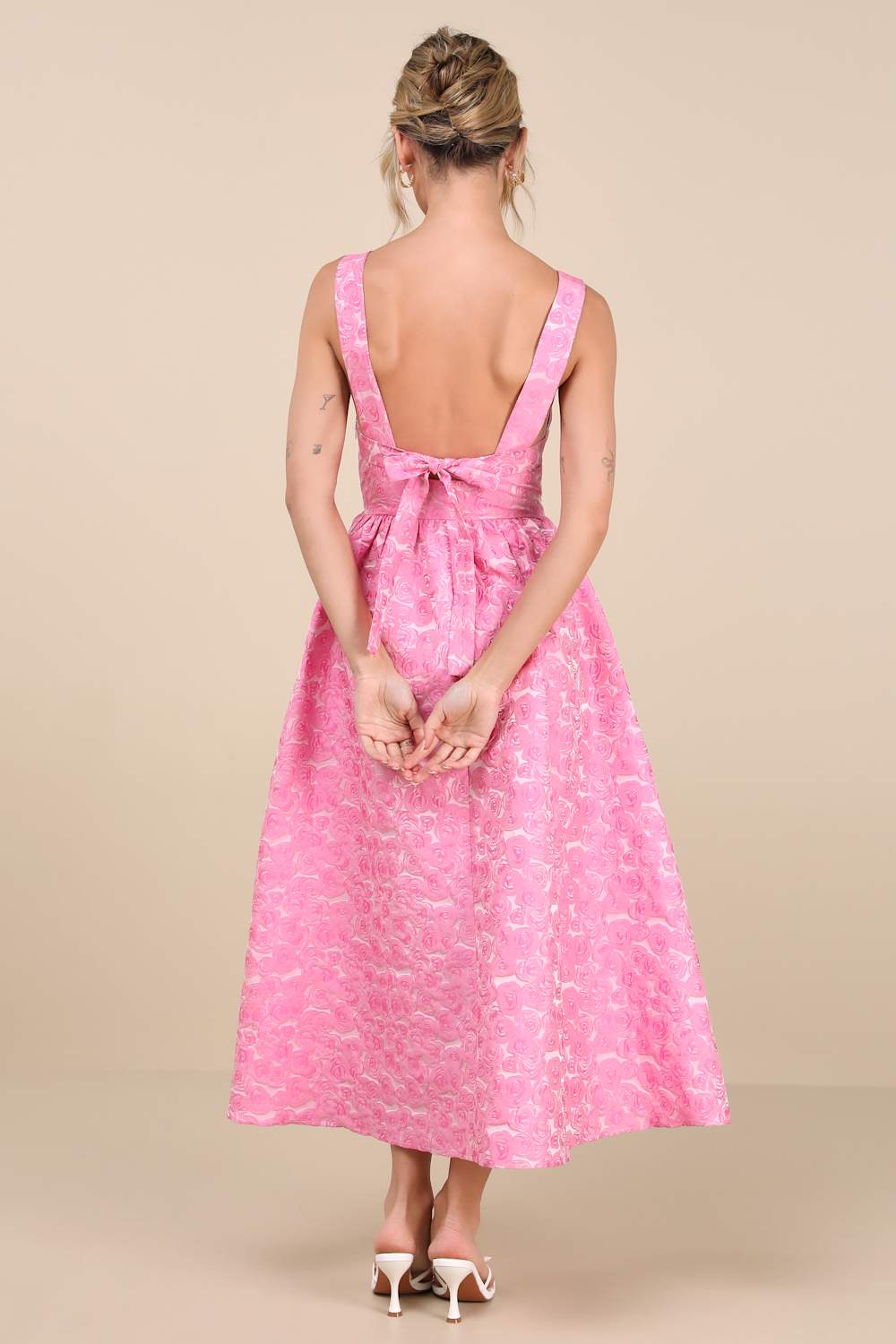 Rudra Pink Floral Jacquard A-Line Backless Midi Dress
