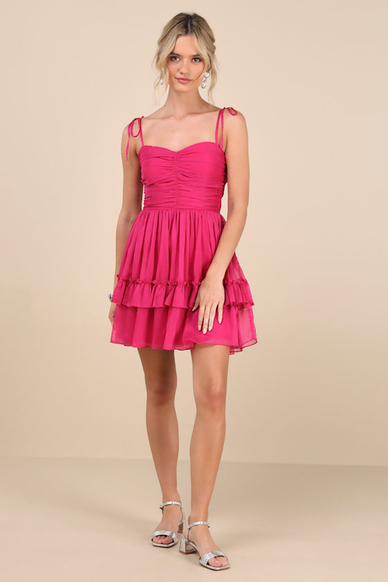 Lulus Angelic Approach Hot Pink Chiffon Ruffled Tie-strap Mini Dress In Hot Pink