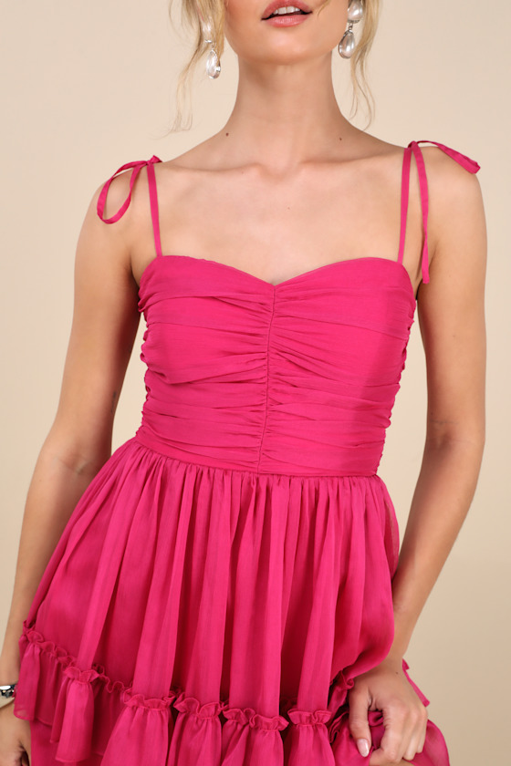 Lulus Angelic Approach Hot Pink Chiffon Ruffled Tie-strap Mini Dress In Hot Pink
