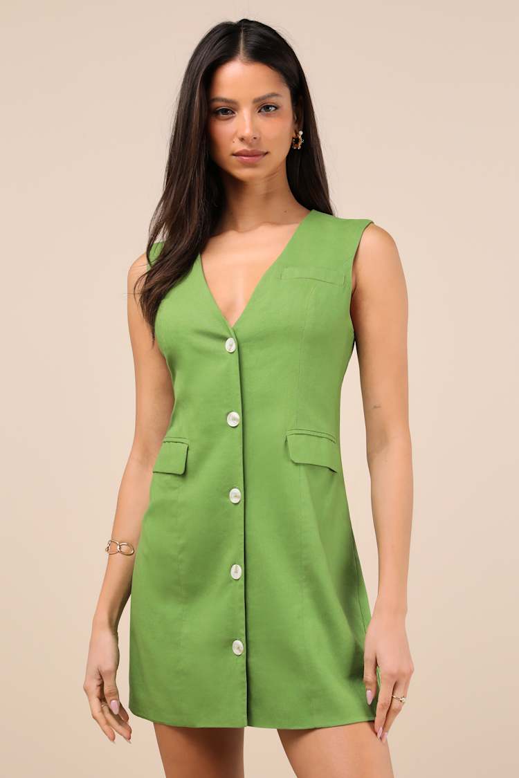 Mairi Green Linen Button-Front Sleeveless Mini Dress
