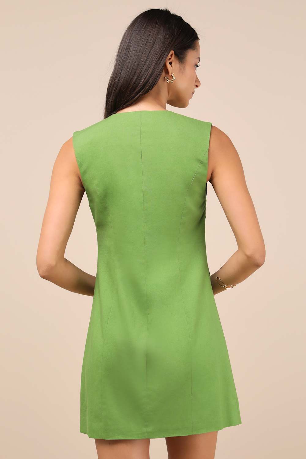 Mairi Green Linen Button-Front Sleeveless Mini Dress