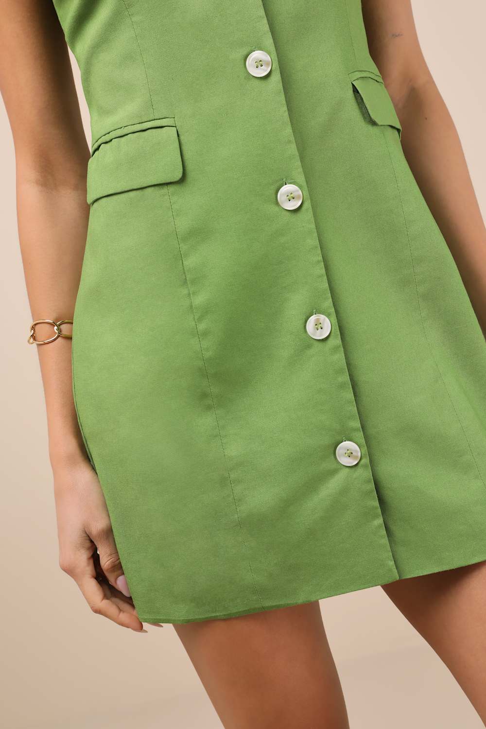Mairi Beige Linen Button-Front Sleeveless Mini Dress