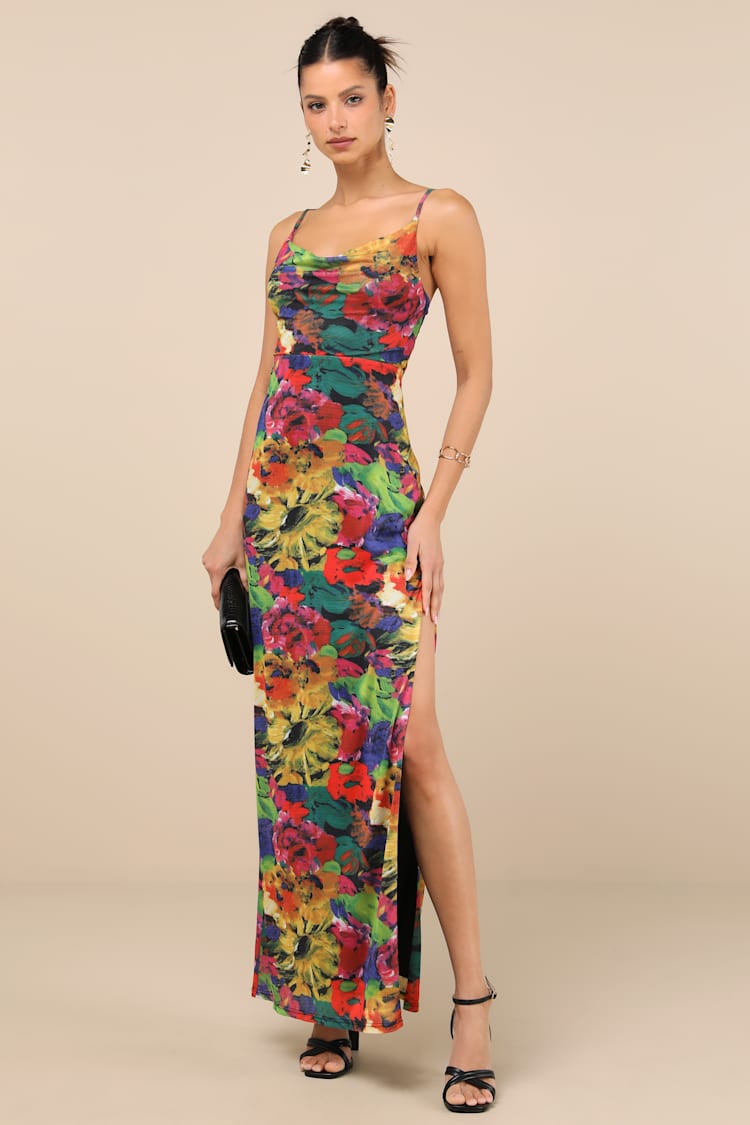 Lulus | Black Multi Print Mesh Cowl Maxi Dress | Womens | Small (Available in XXS, XS, M, L) | 100% Polyester Lulus | Black Multi Print Mesh Cowl Maxi Dress | Womens | Small (Available in XXS, XS, M, L) | 100% Polyester